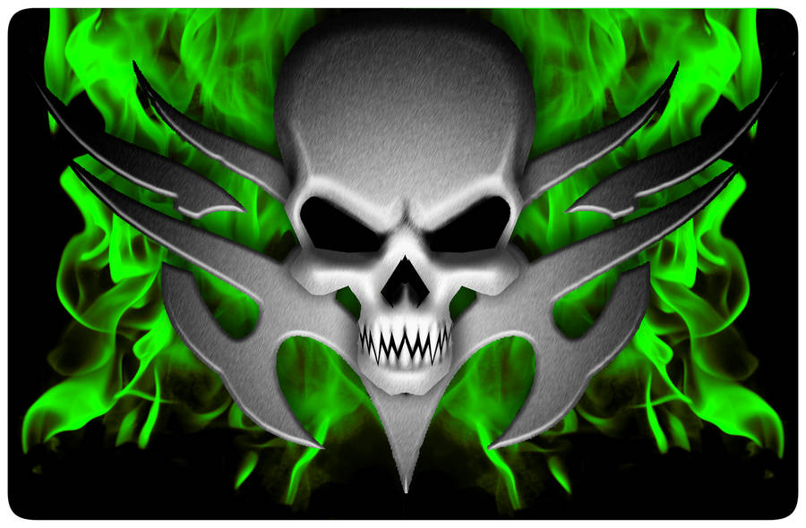 A Green Skull With Green Flames On A Black Background Wallpaper