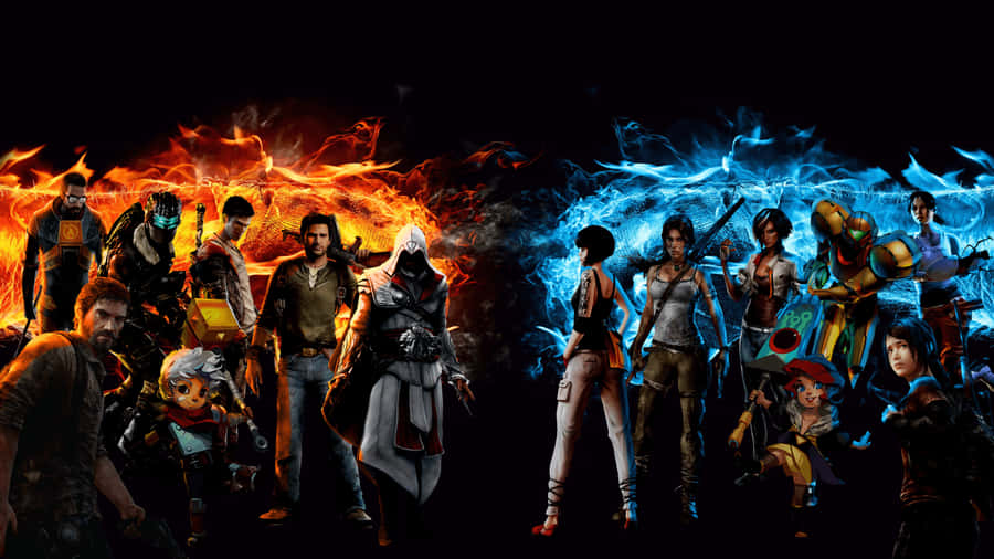 A Group Of Characters Standing In Front Of A Fire Wallpaper