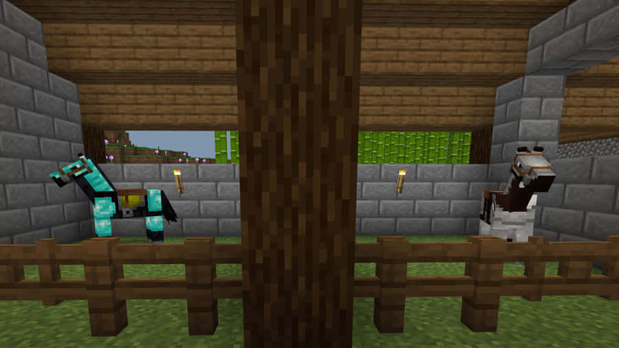 A Group Of Horses Galloping In The World Of Minecraft Wallpaper