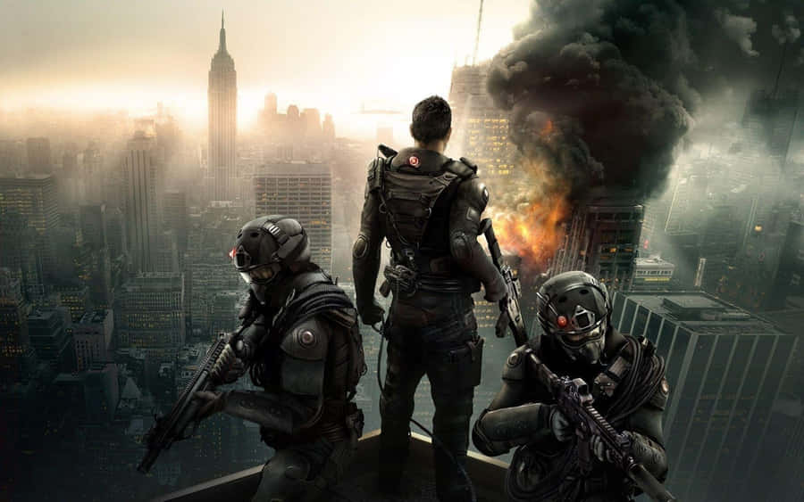 A Group Of Soldiers Standing On Top Of A Building With Smoke And Fire Wallpaper