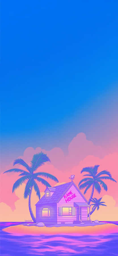 A House On The Beach With Palm Trees Wallpaper