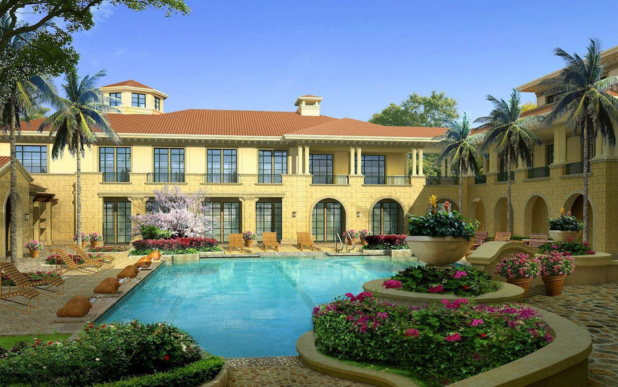 A Luxurious Pool Side House Wallpaper