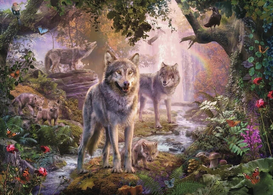A Majestic Wolf In A Lush Summer Landscape Wallpaper