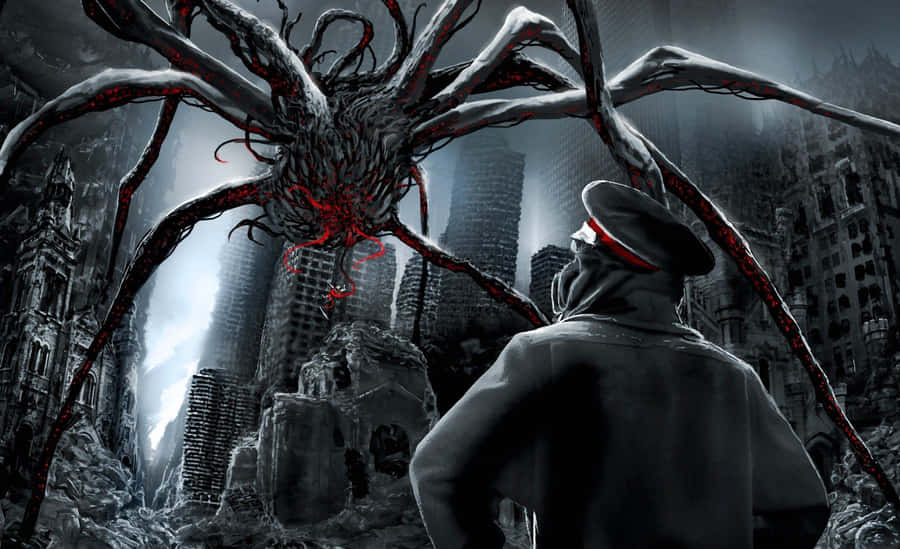 A Man In A Suit Is Standing Next To A Giant Spider Wallpaper