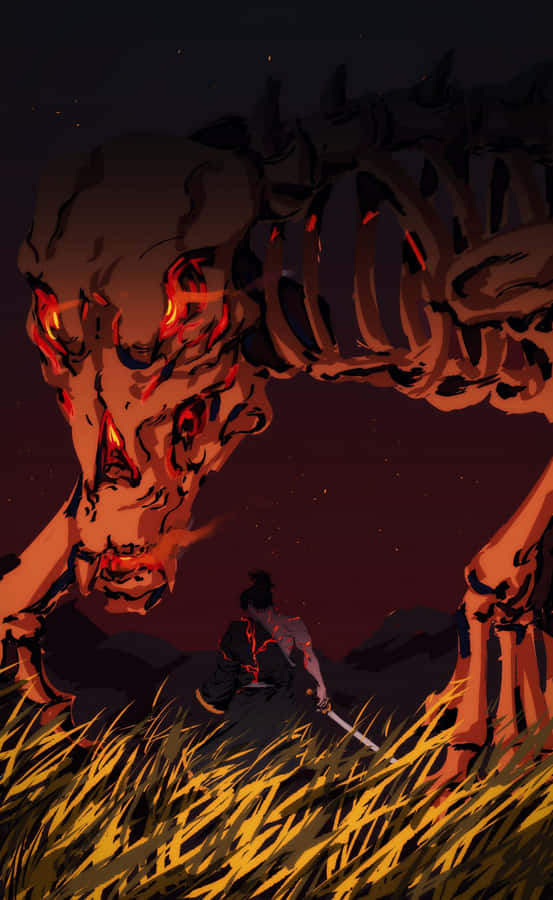 A Man Is Standing In The Grass Next To A Skeleton Wallpaper