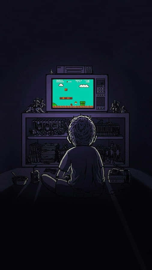A Man Sitting In Front Of A Television Playing Video Games Wallpaper