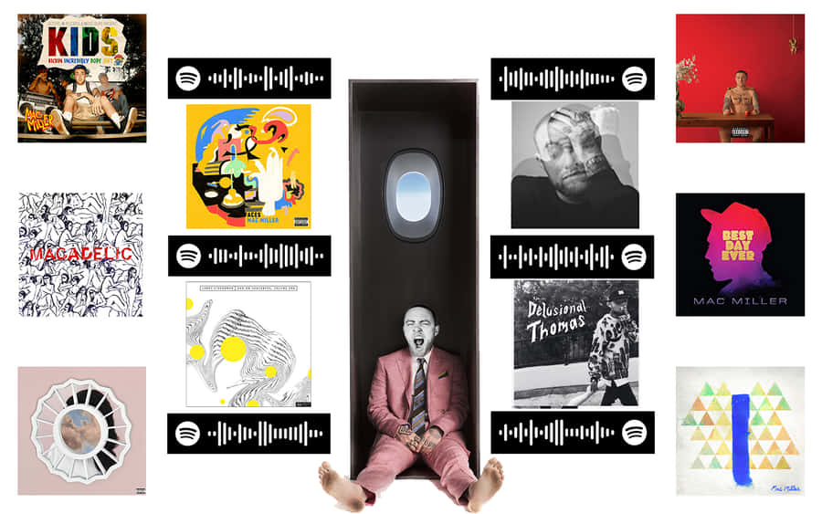 A Man Sitting On The Floor With A Lot Of Different Pictures Wallpaper