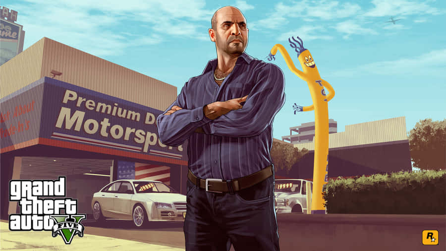 A Man Standing In Front Of A Building With A Yellow Car Wallpaper