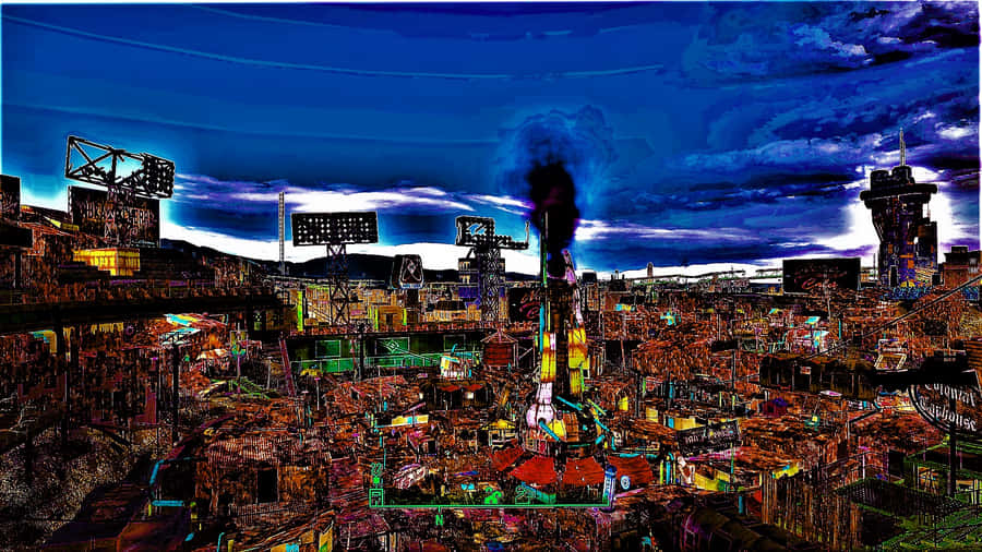 A Mesmerizing View Of Diamond City Skyline At Night Wallpaper