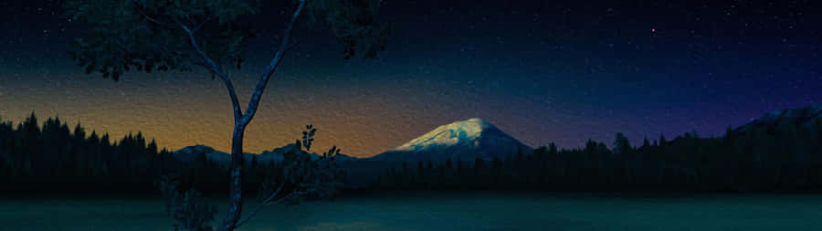 A Painting Of A Mountain And Lake At Night Wallpaper