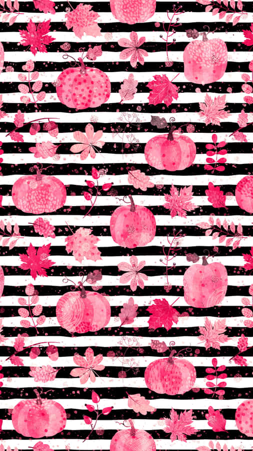A Pink And Black Striped Pattern With Pumpkins Wallpaper