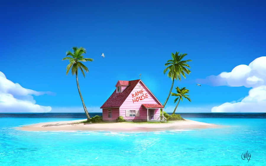 A Pink House On An Island With Palm Trees Wallpaper
