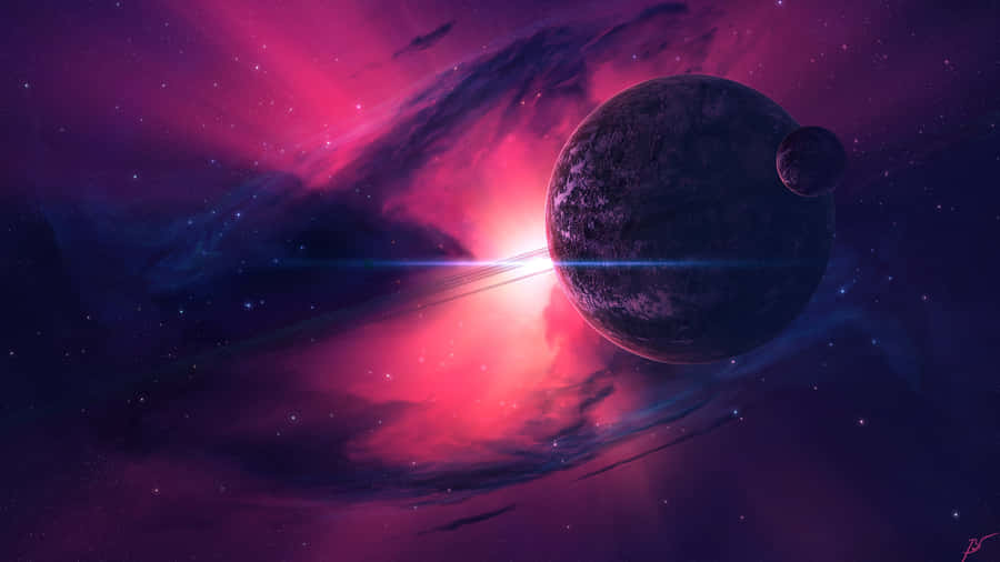A Planet In Space With A Pink Background Wallpaper