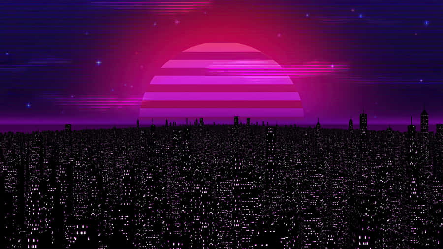 A Purple And Pink Cityscape With A Purple Sun Wallpaper