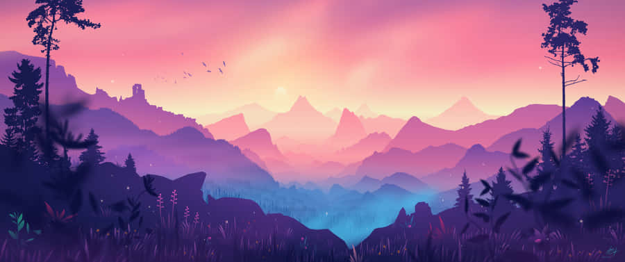 A Purple And Pink Landscape With Mountains And Trees Wallpaper