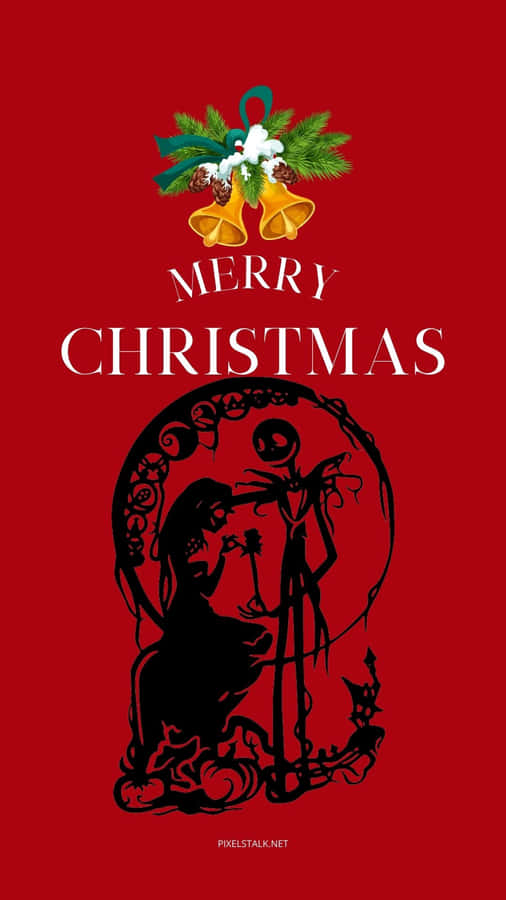 A Red Christmas Card With A Silhouette Of A Skeleton And A Bell Wallpaper