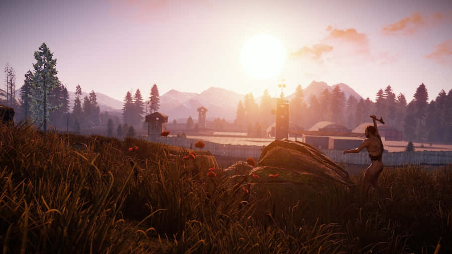 A Screenshot Of A Game With A Sunset In The Background Wallpaper