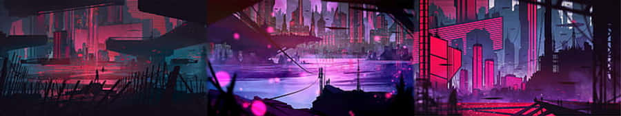 A Series Of Images Of A City With Neon Lights Wallpaper