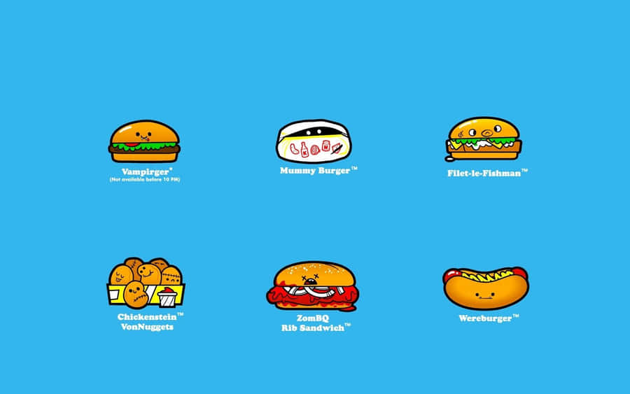 A Set Of Cartoon Hamburgers On A Blue Background Wallpaper
