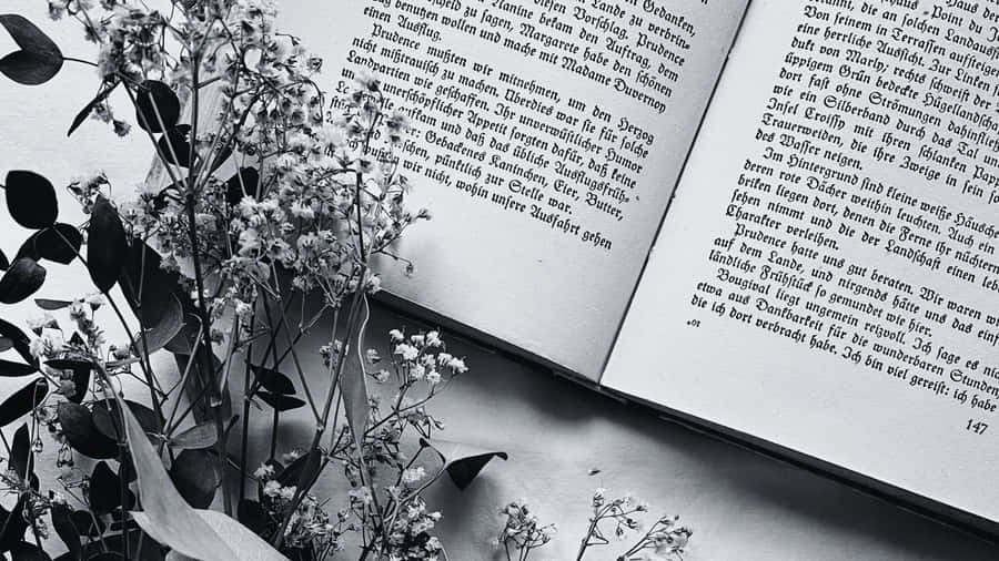A Single Open Book In Black And White On A Wooden Table Wallpaper