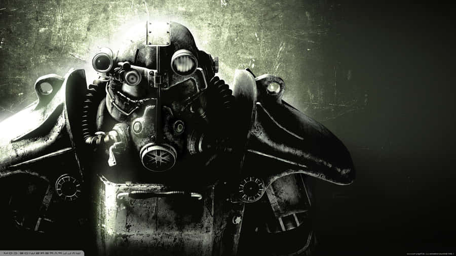 A Soldier In Power Armor From Fallout: Brotherhood Of Steel Stands Guard In A Desolate Wasteland Wallpaper