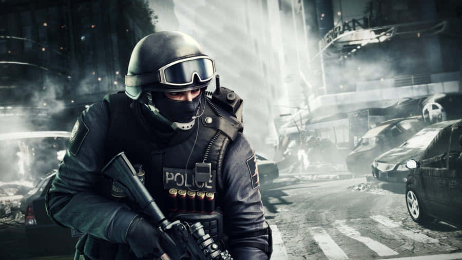 A Soldier Is Holding A Gun In The City Wallpaper