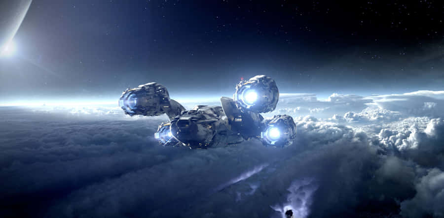 A Spaceship Flying Over The Clouds Wallpaper