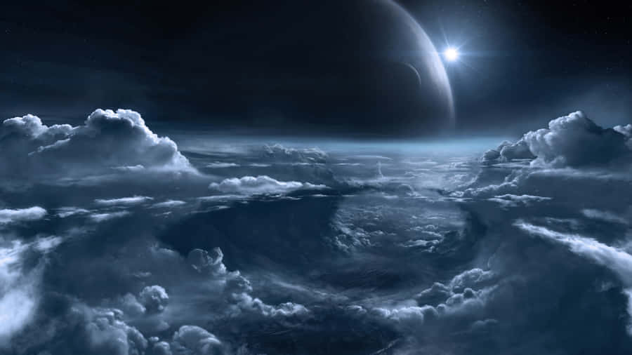 A Spaceship Is Flying Over Clouds And Stars Wallpaper