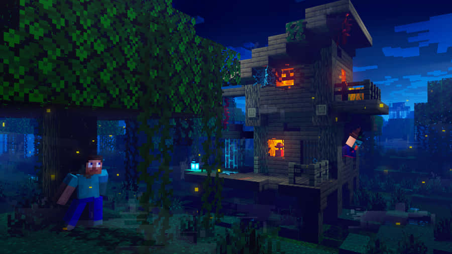 A Spooky Minecraft Witch In Her Haunted Habitat Wallpaper