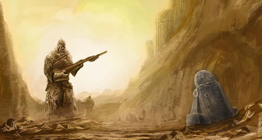 A Squad Of Tusken Raiders Advancing Across A Desert Sandscape Wallpaper