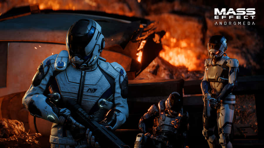 A Team Of Explorers Amidst A Breathtaking Alien Landscape Wallpaper