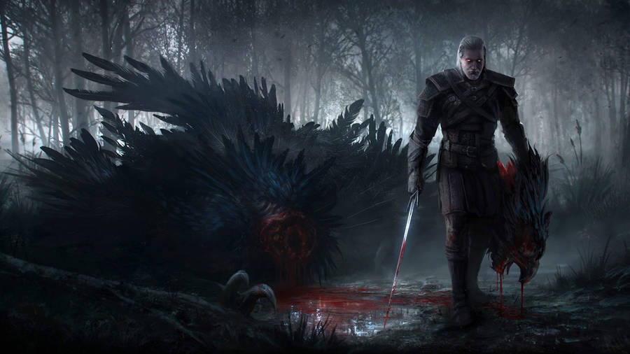 A Triumphant Geralt Of Rivia Beheading A Monster In The Witcher 3 Wallpaper