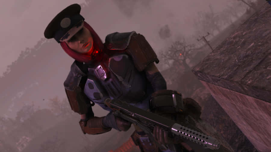 A Woman In A Red Outfit Holding A Gun Wallpaper