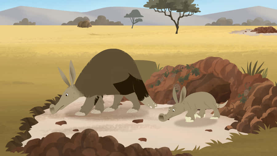 Aardvark Family Foraging Wallpaper