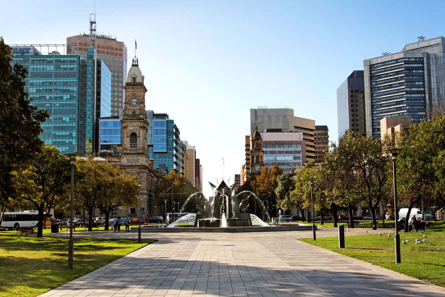 Adelaide Victoria Square Fountainand Cityscape Wallpaper
