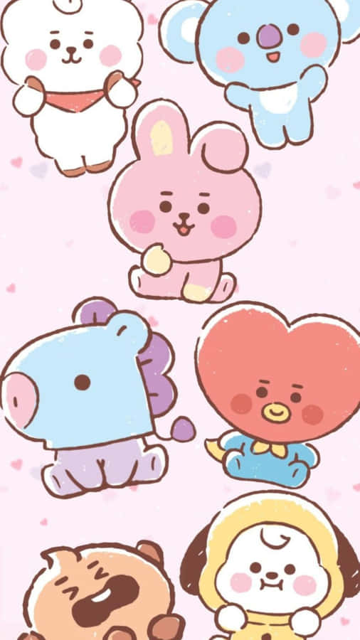 Adorable Kawaii Cartoon Characters On A Pink Background Wallpaper