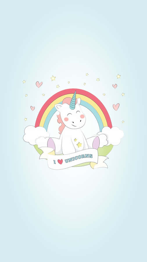 Adorable Kawaii Unicorn With Rainbow Background Wallpaper