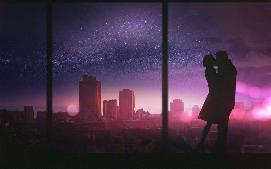 Aesthetic Couple Silhouette In Glass Window Wallpaper