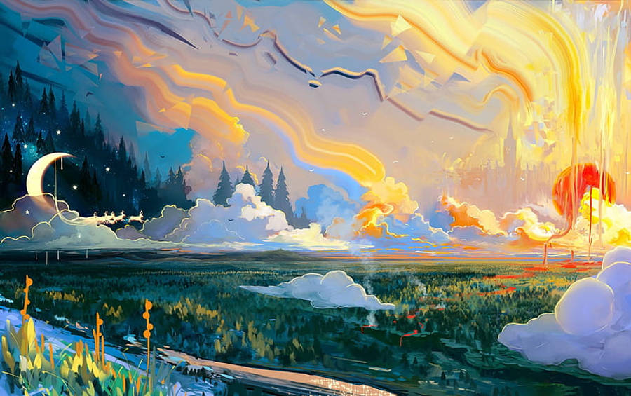 Aesthetic Sun And Moon Painting Wallpaper