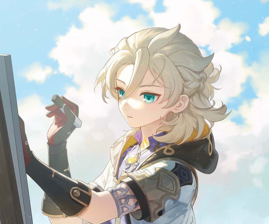 Albedo, The Chief Alchemist Of The Knights Of Favonius In Genshin Impact, Seen Wielding His Weapon In A Stunning Action Pose. Wallpaper