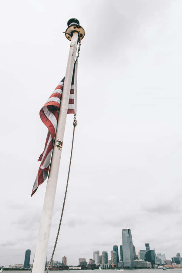 American Flag Pole City Skyline Backdrop Wallpaper