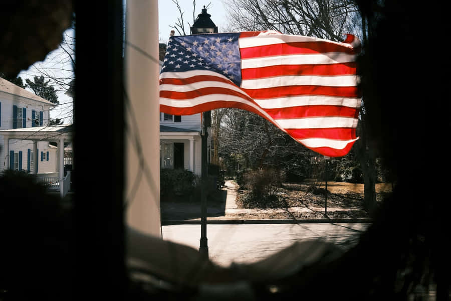 American Flag View Through Window Wallpaper