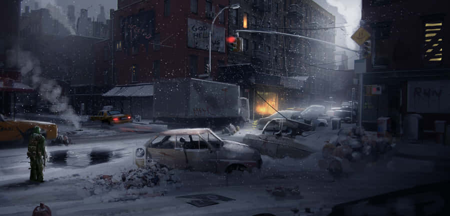 An Apocalyptic Nuclear Winter Landscape With Frozen Trees And Moody, Dark Skies. Wallpaper