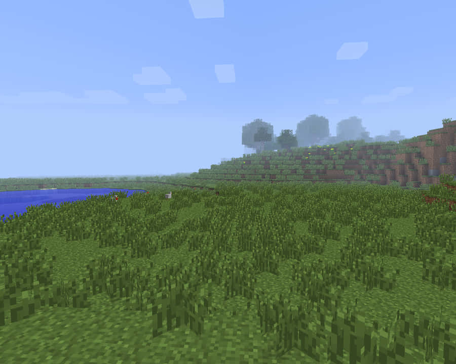 An Emerald-green Sky With Golden Rays Of Sunlight And Minecraft Grass. Wallpaper
