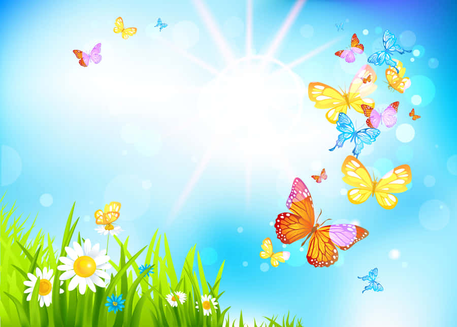 An Enchanting Spring Scene With Vibrant Butterflies Fluttering Over Blossoming Flowers Wallpaper