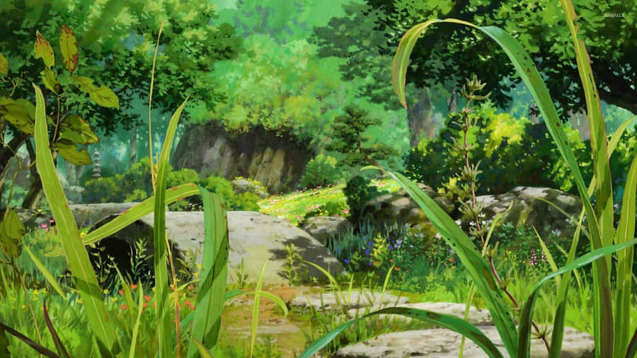 An Idyllic And Tranquil Anime Forest. Wallpaper