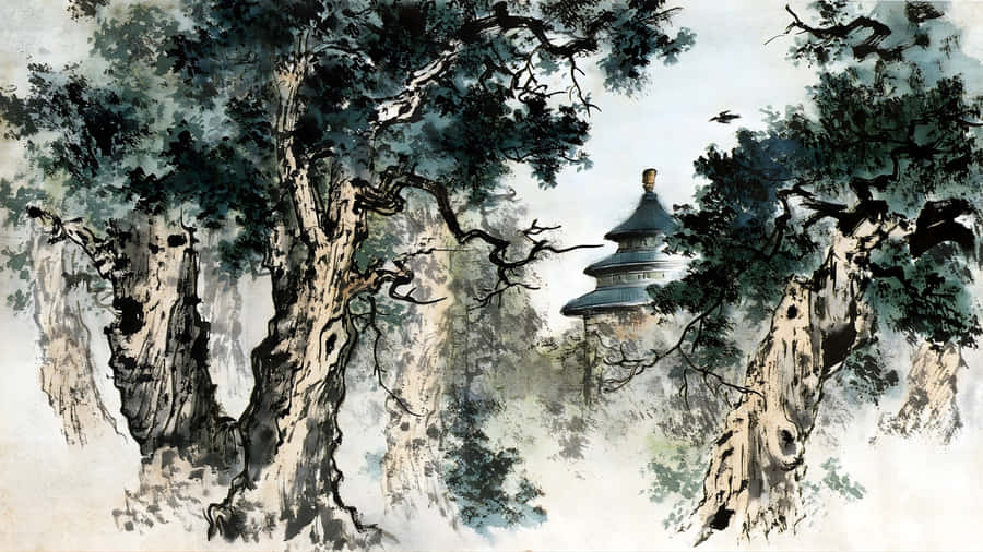 Ancient Trees And Temple Wallpaper