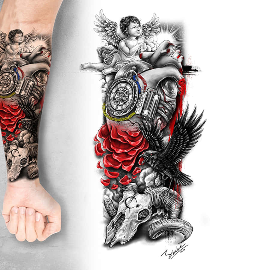 Angel_ Timepiece_ Fantasy_ Tattoo_ Art Wallpaper