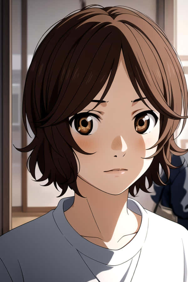 Animated Brown Haired Girlwith Big Eyes Wallpaper