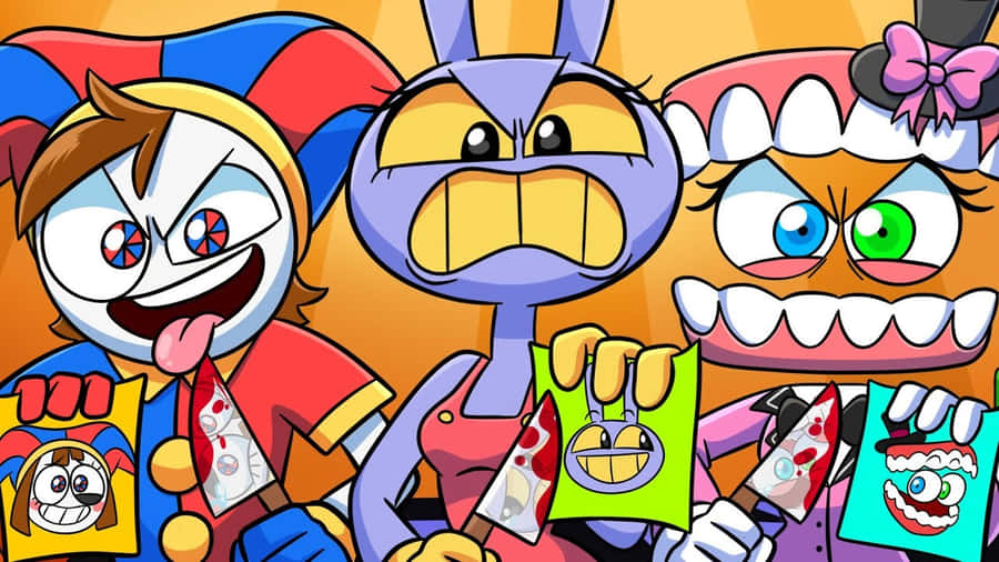 Animated Circus Characters Holding Tickets Wallpaper